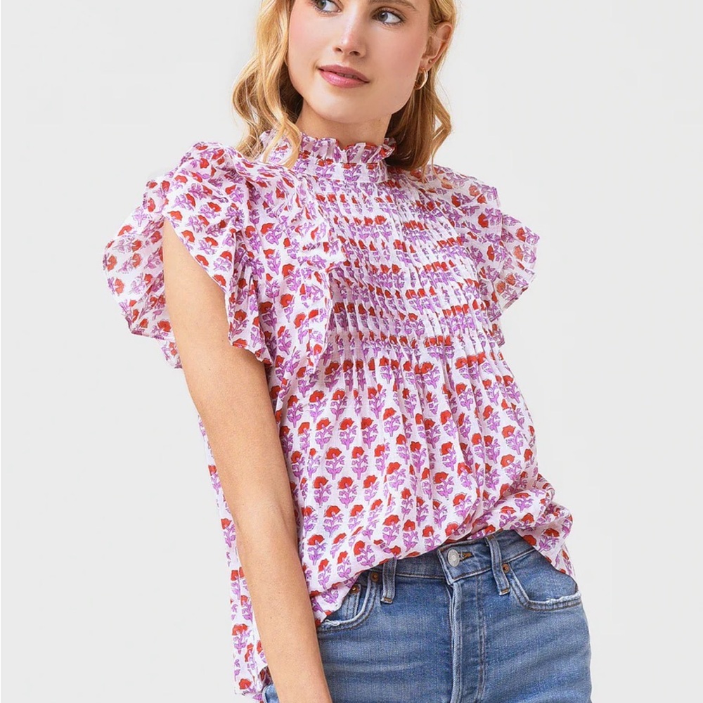 Oliphant Pink Floral Smocked Ruffle Sleeve Blouse